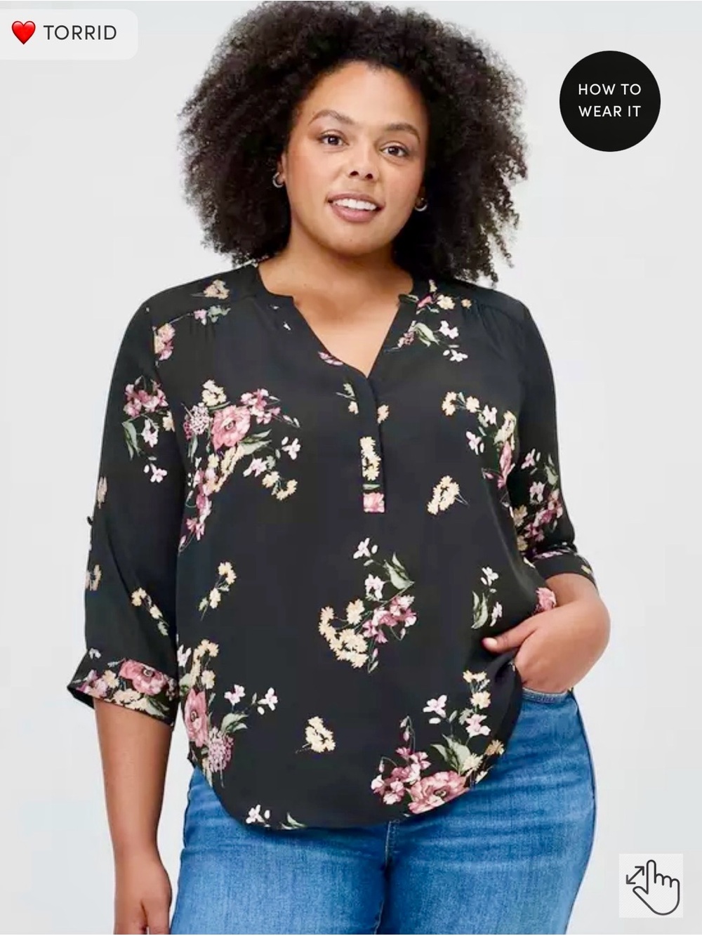torrid Black Floral Split-V Henley Blouse